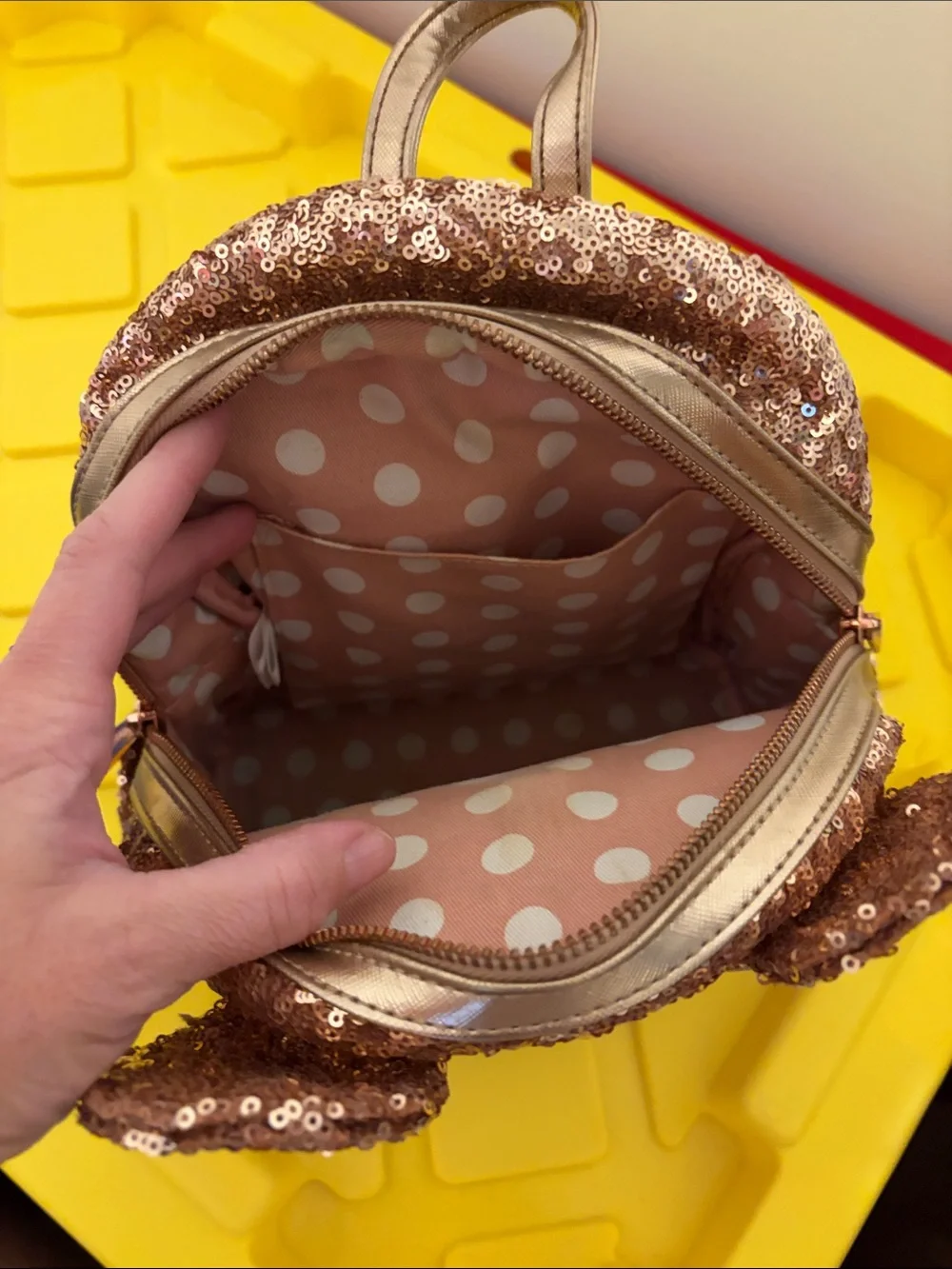 Loungefly Rose Gold Sequin Mini Backpack with Metallic Bow